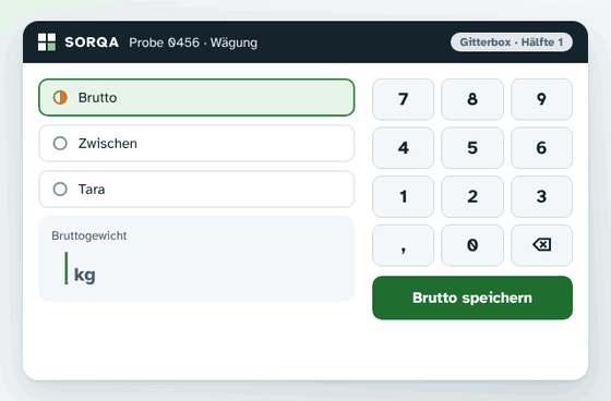 Animierte Beispielansicht: Bruttogewicht wird eingetippt, Foto gespeichert, das Zwischengewicht kommt von der Waage.